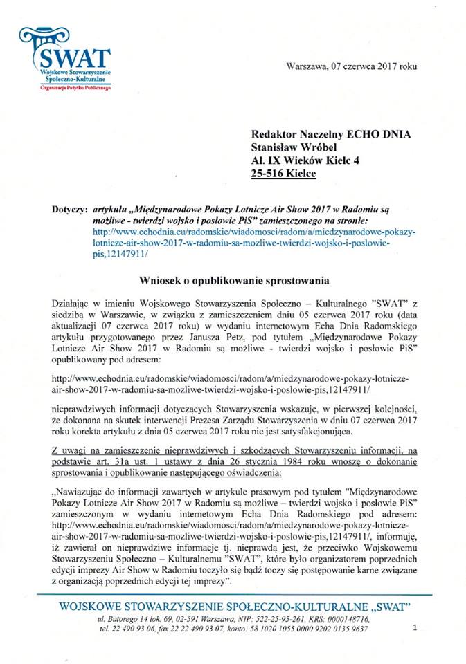 Wniosek o opublikowanie sprostowania